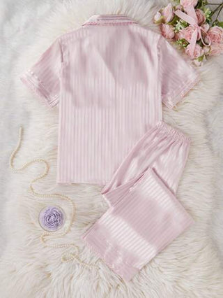 بيجاما مجموعة بيجاما فتيات مراهقات قطعتين ، ملابس علوية أكمام قصيرة بنقشة شريطية رأسية ونسيج جاكار متطرف وبنطلون طويل ، بلون وردي