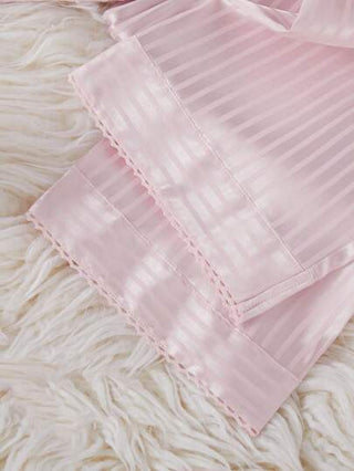 بيجاما مجموعة بيجاما فتيات مراهقات قطعتين ، ملابس علوية أكمام قصيرة بنقشة شريطية رأسية ونسيج جاكار متطرف وبنطلون طويل ، بلون وردي