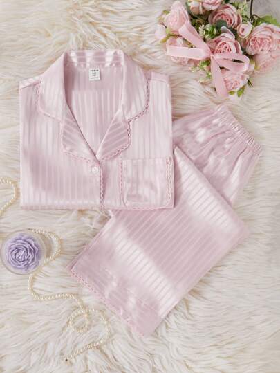 بيجاما مجموعة بيجاما فتيات مراهقات قطعتين ، ملابس علوية أكمام قصيرة بنقشة شريطية رأسية ونسيج جاكار متطرف وبنطلون طويل ، بلون وردي