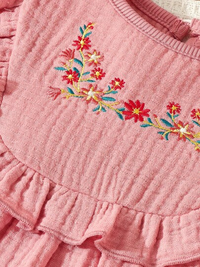 فساتين بيبي Blossori فستان صيفي وردي للبنات الرضع بياقة مدورة مرقوم بزخارف زهرية مكسر