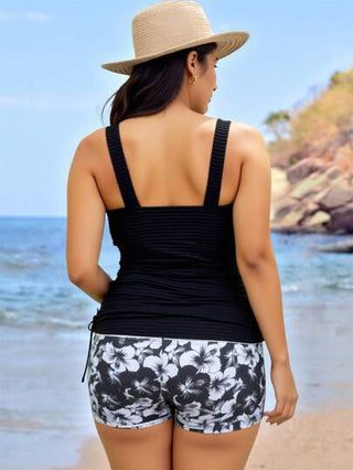 Swim Lushoire بلوزة وشورت سباحة مقاس كبير فضفاض للنساء 2 قطعة مجموعة بطبعات غير متساوية، قابل للتعديل