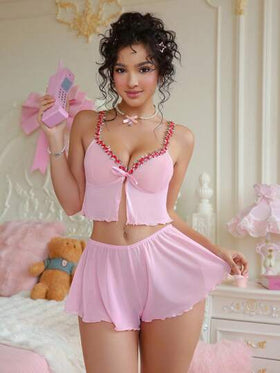 PetitDoll مجموعة من قطعتين ملابس داخلية شفافة مطرزة بزهور للنساء ، كاواييي