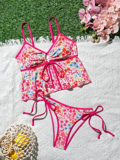 طقم تانكيني حريمي Swim Mod مجموعة بيكيني للنساء 2 قطعة: توب تريكو مكشوف مزين بطبعة أزهار صغيرة ومربوط من الأمام، وسروال مثلث مربوط من الجانب