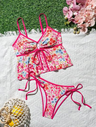 طقم تانكيني حريمي Swim Mod مجموعة بيكيني للنساء 2 قطعة: توب تريكو مكشوف مزين بطبعة أزهار صغيرة ومربوط من الأمام، وسروال مثلث مربوط من الجانب
