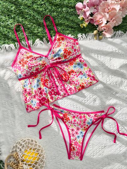 طقم تانكيني حريمي Swim Mod مجموعة بيكيني للنساء 2 قطعة: توب تريكو مكشوف مزين بطبعة أزهار صغيرة ومربوط من الأمام، وسروال مثلث مربوط من الجانب