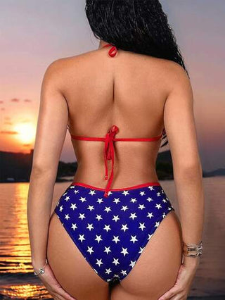 طقم تانكيني حريمي Swim SXY مجموعة ملابس السباحة النسائية المكونة من قطعتين بطبعة علم وطني وربطة أمامية على ملابس علوية الدنجل وسيقان بيكيني متوسطة الارتفاع، مناسبة للربيع والصيف، وعيد الاستقلال