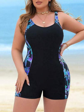 Swim Lushoire بدلة سباحة من قطعة واحدة بطباعة شجرة جوز الهند للسيدات زائدات الحجم، تصميم متداخل الألوان بأربطة رفيعة، تنحيف الخصر ومناسبة للعطلات والغوص والعمل