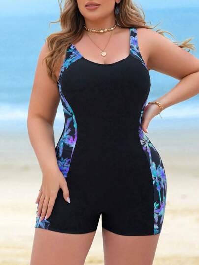 Swim Lushoire بدلة سباحة من قطعة واحدة بطباعة شجرة جوز الهند للسيدات زائدات الحجم، تصميم متداخل الألوان بأربطة رفيعة، تنحيف الخصر ومناسبة للعطلات والغوص والعمل