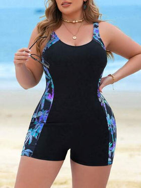 Swim Lushoire بدلة سباحة من قطعة واحدة بطباعة شجرة جوز الهند للسيدات زائدات الحجم، تصميم متداخل الألوان بأربطة رفيعة، تنحيف الخصر ومناسبة للعطلات والغوص والعمل