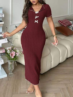 SHEIN فستان كنزة طويل أنيق بتصميم ربطة القوس بألوان متباينة، ملابس نوم للنساء