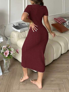 SHEIN فستان كنزة طويل أنيق بتصميم ربطة القوس بألوان متباينة، ملابس نوم للنساء