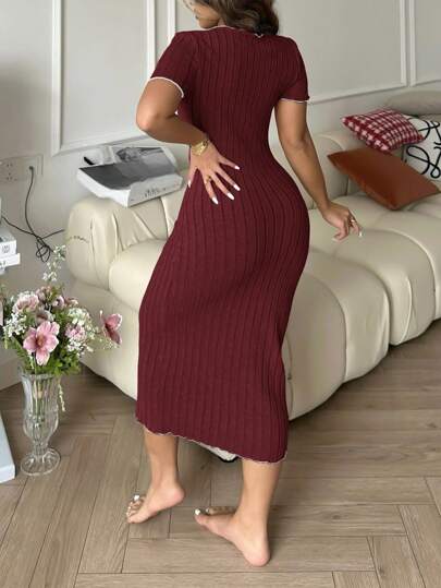 SHEIN فستان كنزة طويل أنيق بتصميم ربطة القوس بألوان متباينة، ملابس نوم للنساء