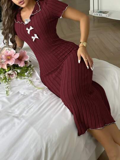 SHEIN فستان كنزة طويل أنيق بتصميم ربطة القوس بألوان متباينة، ملابس نوم للنساء