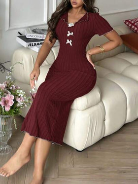 SHEIN فستان كنزة طويل أنيق بتصميم ربطة القوس بألوان متباينة، ملابس نوم للنساء