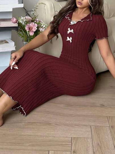 SHEIN فستان كنزة طويل أنيق بتصميم ربطة القوس بألوان متباينة، ملابس نوم للنساء
