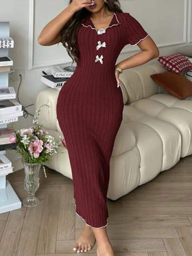 SHEIN فستان كنزة طويل أنيق بتصميم ربطة القوس بألوان متباينة، ملابس نوم للنساء