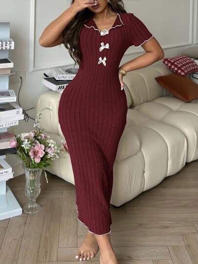 SHEIN فستان كنزة طويل أنيق بتصميم ربطة القوس بألوان متباينة، ملابس نوم للنساء