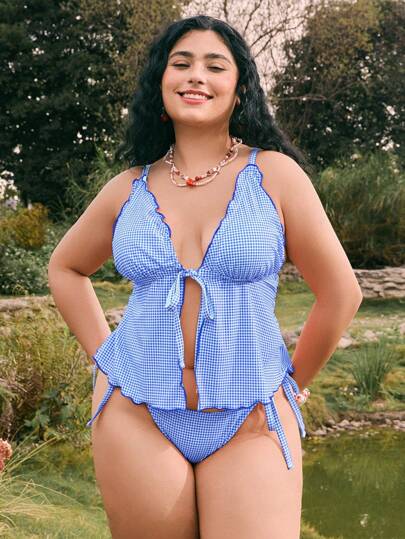 Swim Mod المثبت العلوي ذو رقبة على شكل V والربطة الأمامية والسفلي مطابق للطباعة المربعة للسيدات ذوات الحجم الكبير، ملابس شاطئ مبسطة وجميلة