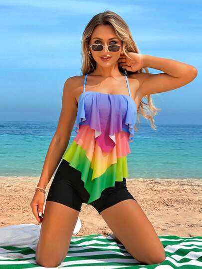 طقم تانكيني حريمي Swim Lushoire الجزء العلوي من الطقم النسائي بتدرج ألوان نمط المنقسم