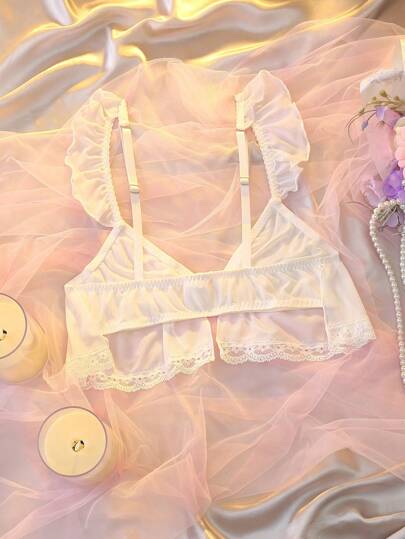 DelicateAllure صدرية نسائية مكشكشة مزينة بالدانتيل باللون المتباين والربطة الأمامية، كاواي
