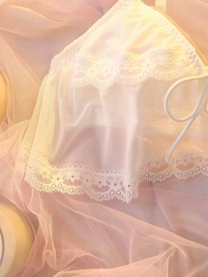 DelicateAllure صدرية نسائية مكشكشة مزينة بالدانتيل باللون المتباين والربطة الأمامية، كاواي