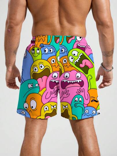 Manfinity Swimmode شورت بحر كاجوال رسوم كرتونية للرجال ، هاواي