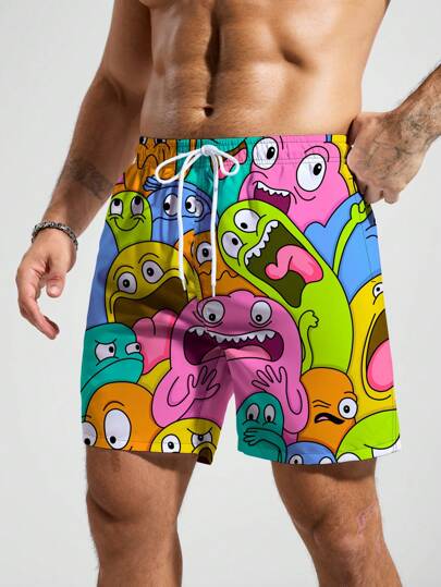 Manfinity Swimmode شورت بحر كاجوال رسوم كرتونية للرجال ، هاواي