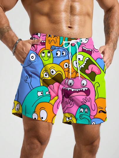 Manfinity Swimmode شورت بحر كاجوال رسوم كرتونية للرجال ، هاواي