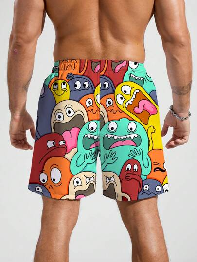 Manfinity Swimmode شورتات شاطئ للرجال ذات طباعة كرتونية ،عادية وأنيقة للعطلات، هاواني