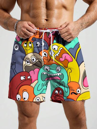 Manfinity Swimmode شورتات شاطئ للرجال ذات طباعة كرتونية ،عادية وأنيقة للعطلات، هاواني
