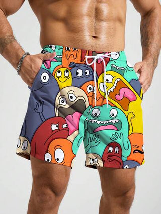 Manfinity Swimmode شورتات شاطئ للرجال ذات طباعة كرتونية ،عادية وأنيقة للعطلات، هاواني