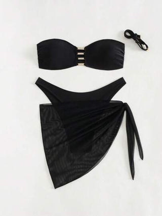 طقم تانكيني حريمي Swim Chiccia 3 قطعة/مجموعة نساء تنكرة صيفية شاطئية بلون أسود قطعة علوية قصيرة مع تريم من الراين الذهبي ، قطعة سفلية بيكيني مثلثة ،وتنورة قصيرة