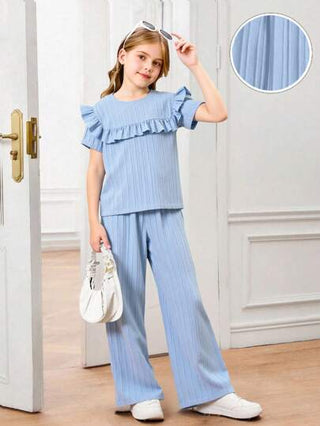 girls-sets طقم بنطال بفيت فضفاض بأفرول أزرق أنيق وحلو مع أفرول وبلوزة مطرزة، قماش منسوج