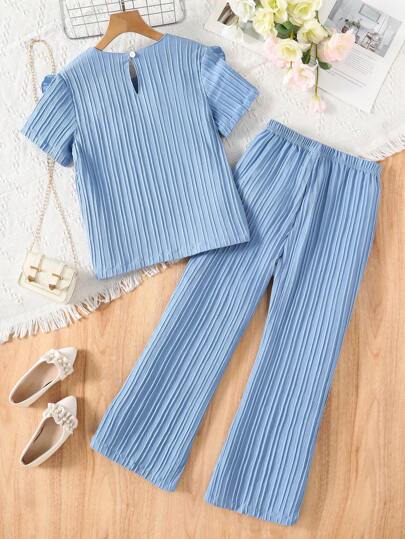 girls-sets طقم بنطال بفيت فضفاض بأفرول أزرق أنيق وحلو مع أفرول وبلوزة مطرزة، قماش منسوج