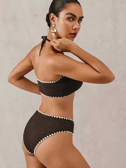 Swim Basics مجموعة 3 قطع من النسيج المواري بألوان الصيف الداكنة ( توبين + بدلة سباحة واحدة)، إكسسوارات صيفية بطراز بسيط مصنوعة يدويًا من قماش الكروشيه للنساء