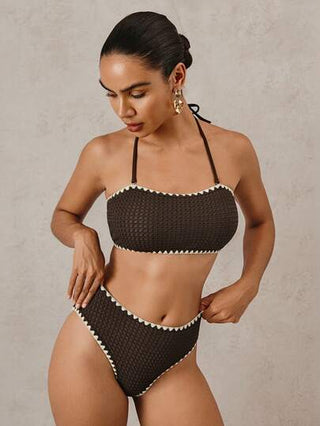 Swim Basics مجموعة 3 قطع من النسيج المواري بألوان الصيف الداكنة ( توبين + بدلة سباحة واحدة)، إكسسوارات صيفية بطراز بسيط مصنوعة يدويًا من قماش الكروشيه للنساء