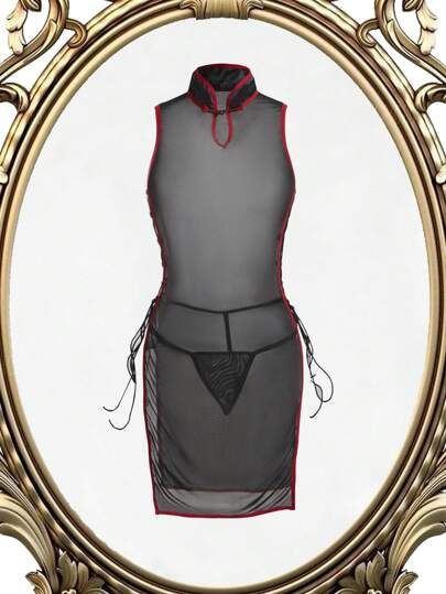 لانجيري حريمي Fantasy Costume قميص نوم نسائي شبكي مقلم من الجانب بأربطة جانبية جذاب