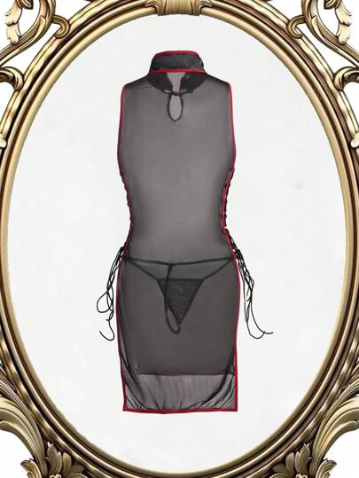 لانجيري حريمي Fantasy Costume قميص نوم نسائي شبكي مقلم من الجانب بأربطة جانبية جذاب