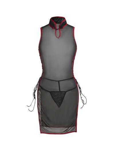 لانجيري حريمي Fantasy Costume قميص نوم نسائي شبكي مقلم من الجانب بأربطة جانبية جذاب