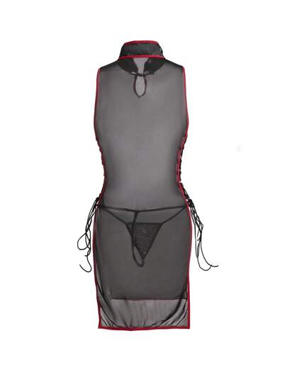 لانجيري حريمي Fantasy Costume قميص نوم نسائي شبكي مقلم من الجانب بأربطة جانبية جذاب