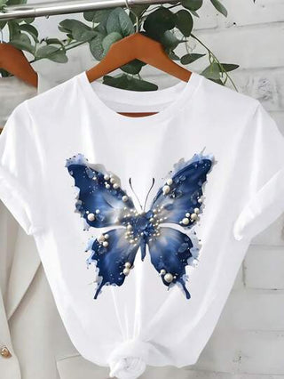 EZwear تي شيرت كاجوال للنساء ذو رقبة دائرية وأكمام قصيرة مطبوع عليه فراشات للصيف