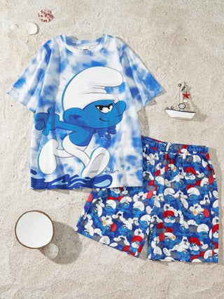 مايوه أولادي The Smurfs X  طقم قميص كم قصير مطبوع برسوم كرتونية لطيفة وشورت خصر مرن للأولاد المراهقين في فصل الصيف
