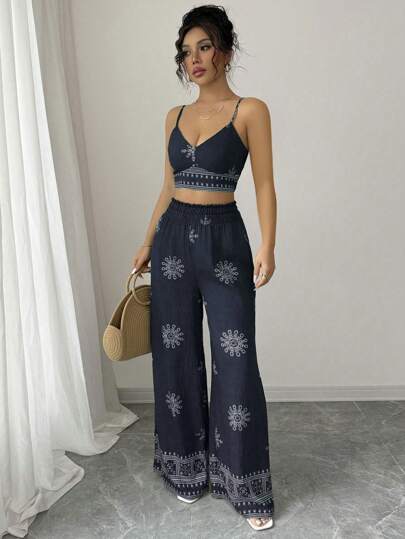 Elenzga مجموعة ملابس علوية وبنطلون مطبوع بالزهور الخضراء للنساء، قطعتين، بتصميم كاجوال ومناسب للعطلات