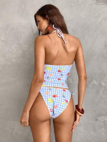 طقم تانكيني حريمي Swim Glamine بكيني بحزام رفيع مطبوع برسوم ذات طراز كعكة الفاكهة المنعشة، مناسب للعطلات الصيفية