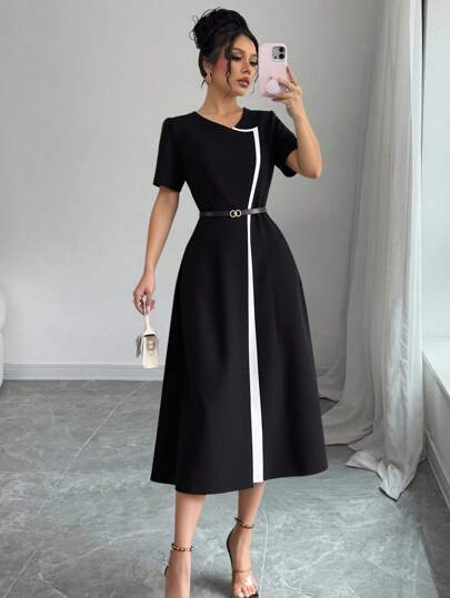 فساتين حريمي EMERY ROSE فستان أنيق للنساء بياقة مستديرة وأكمام قصيرة مكون من لونين متباينين للارتداء اليومي والتنقل