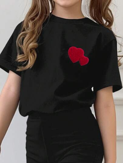 girls-sets بدلة قصيرة الأكمام 2 قطع مكونة من بنطلون وقميص مطرز بشكل قلب ودب، مناسبة للبنات الصغيرات ، طقم بسيط وكاجوال للصيف