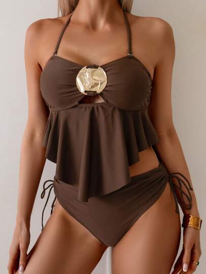 طقم تانكيني حريمي Swim Chiccia بيكيني ومحصول معدني ذو موحد اللون، مجموعة ملابس سباحة مكونة من قطعتين، طراز شاطئ/عطلات، ربيع/صيف