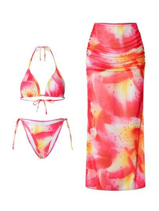 Swim SXY مجموعة 3 قطع: توب قصير متباين الطباعة للرقبة ، بوتوم متقاطع الخلف عاري الظهر، تنورة طويلة شباكية، مجموعة ملابس سباحة أنيقة وجريئة