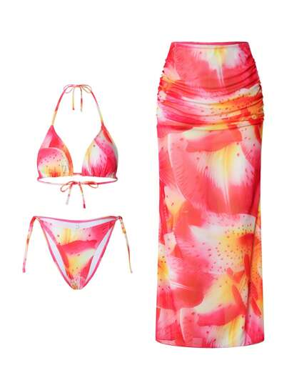 Swim SXY مجموعة 3 قطع: توب قصير متباين الطباعة للرقبة ، بوتوم متقاطع الخلف عاري الظهر، تنورة طويلة شباكية، مجموعة ملابس سباحة أنيقة وجريئة
