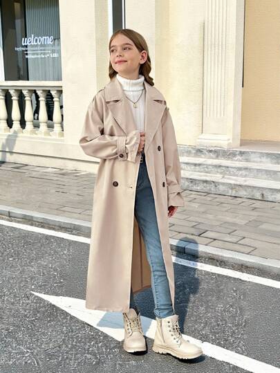 SHEIN معطف طويل غير مربوط ذو ياقة مفرودة للفتيات المراهقات، بطراز عسكري كاجوال، للتنقل والأنشطة الخارجية